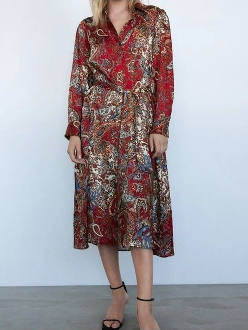 Zara Red Paisley Shirt Dress with Tie Waist Sz Small, only worn once.
